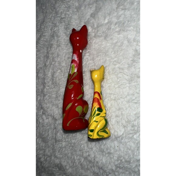 Folk Art Hand Painted Long Neck Cat Figurines 4” & 2.5” VTG MCM Anthropomorphic - Picture 5 of 16